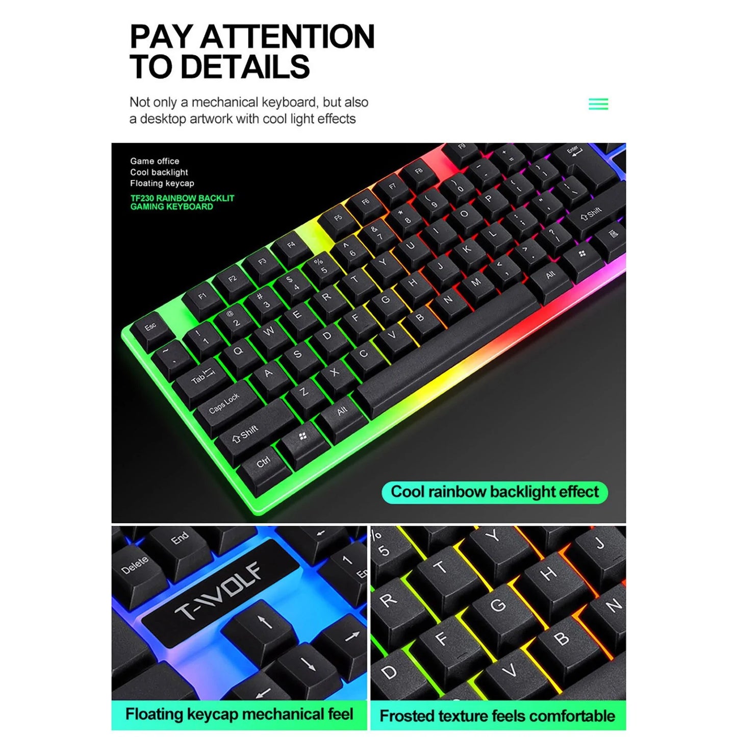 Rainbow Backlit Wired Gaming Keyboard and Mouse Kit with One-Click Light Control